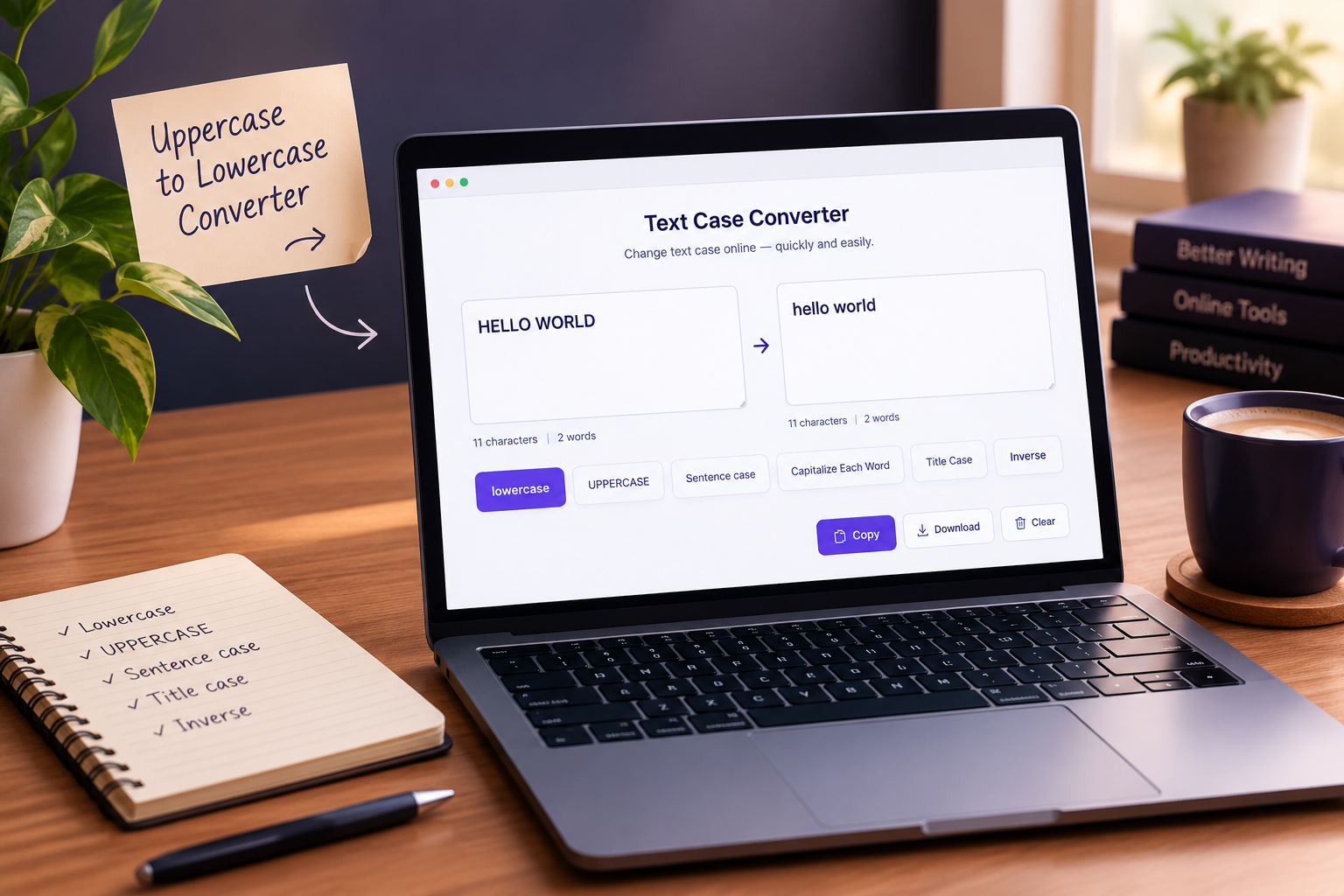 Online uppercase to lowercase text converter showing different text case options