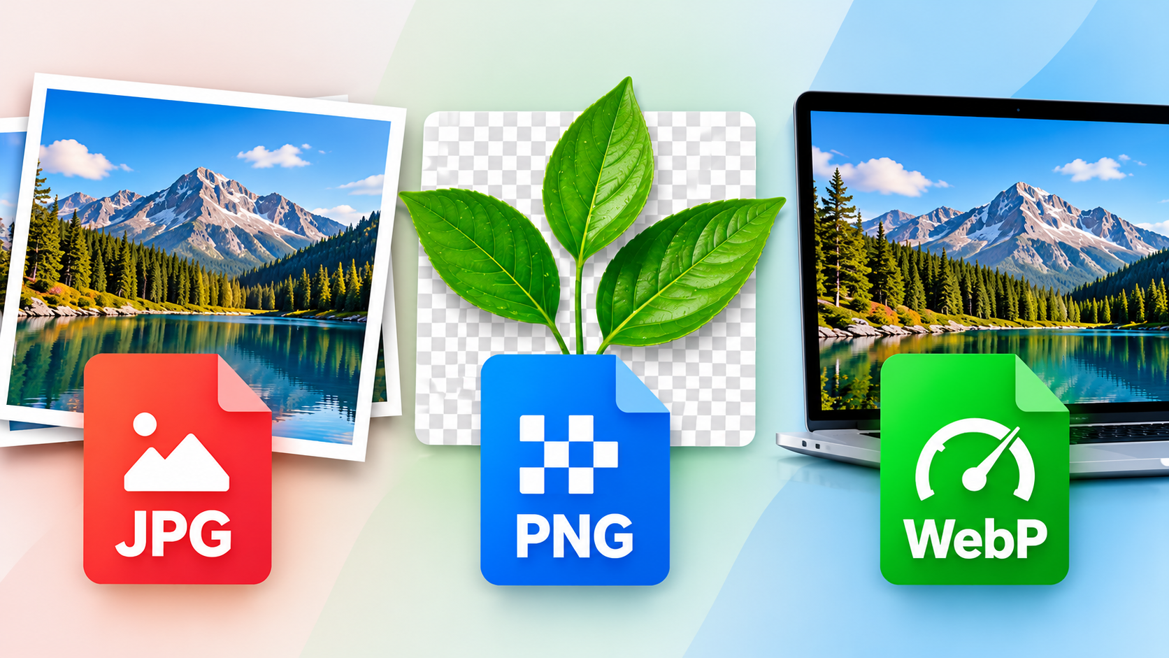 WebP vs PNG vs JPG image formats comparison showing JPG photography, PNG transparency, and WebP website optimization.