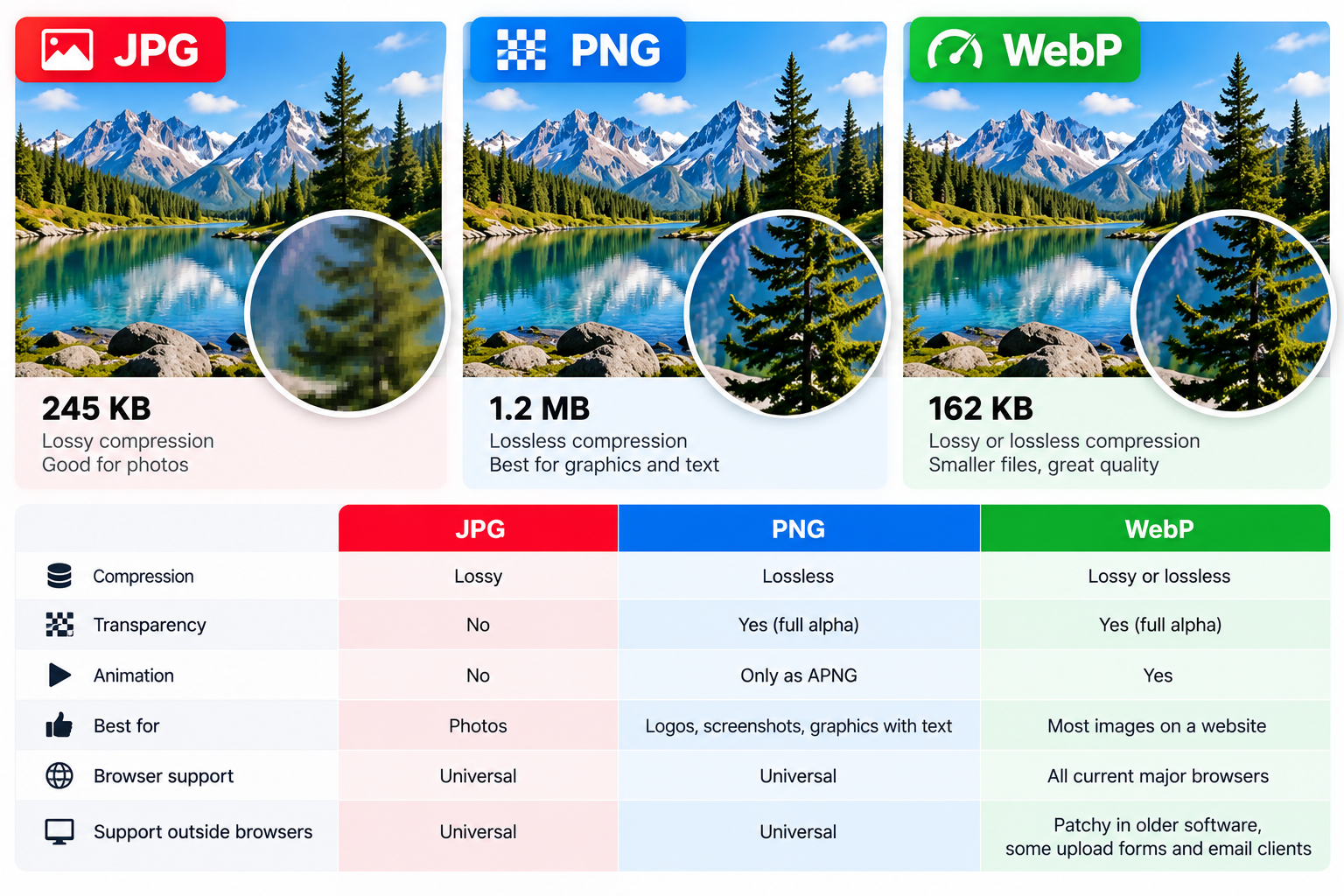 Side-by-side JPG, PNG, and WebP comparison showing image quality, compression differences, file sizes, transparency, and browser support