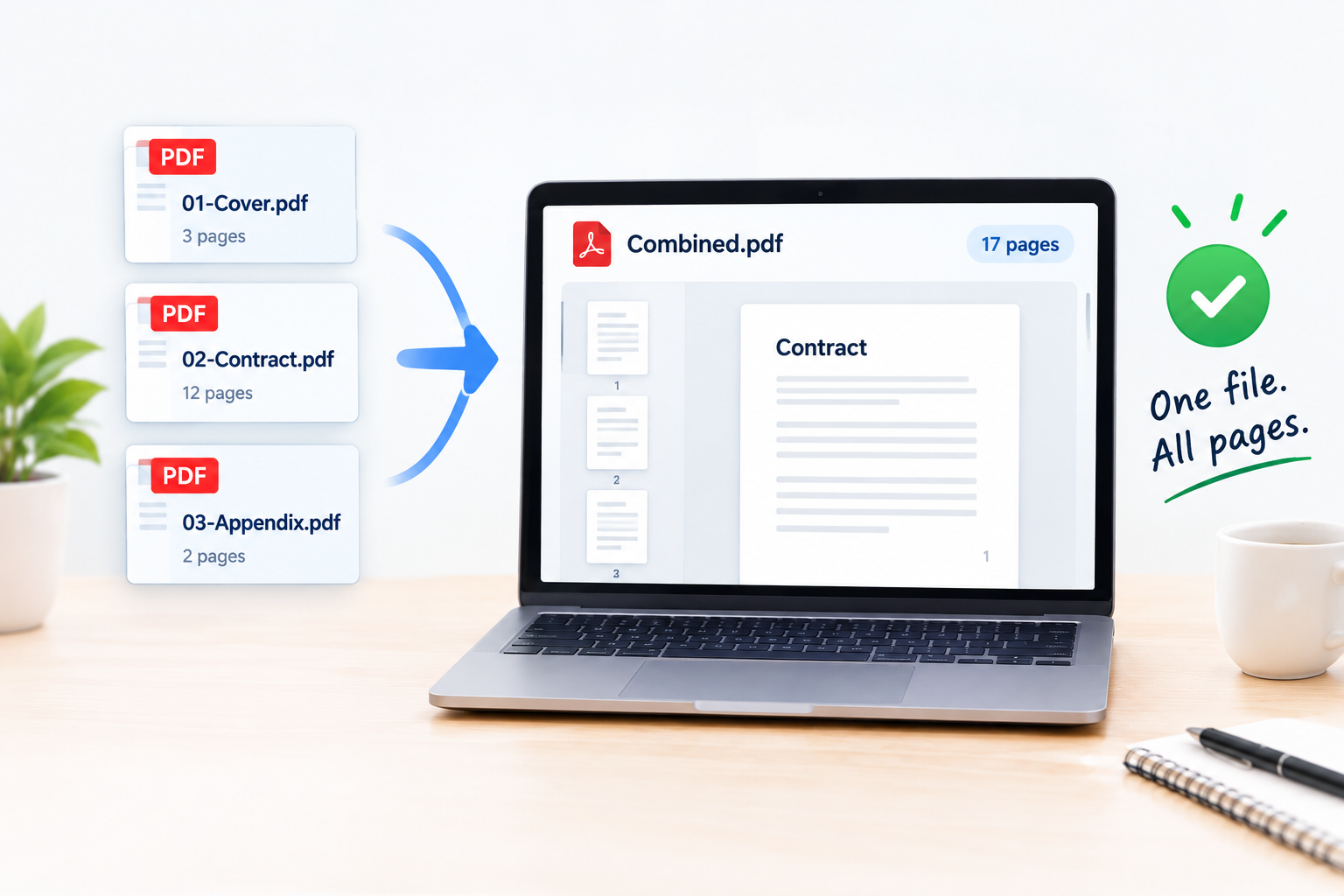 Merge multiple PDF files into one document using a laptop